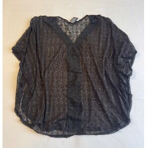 Boho Catalina Swim Cover Up Women Medium Black Crochet Lace Geometric Kaftan